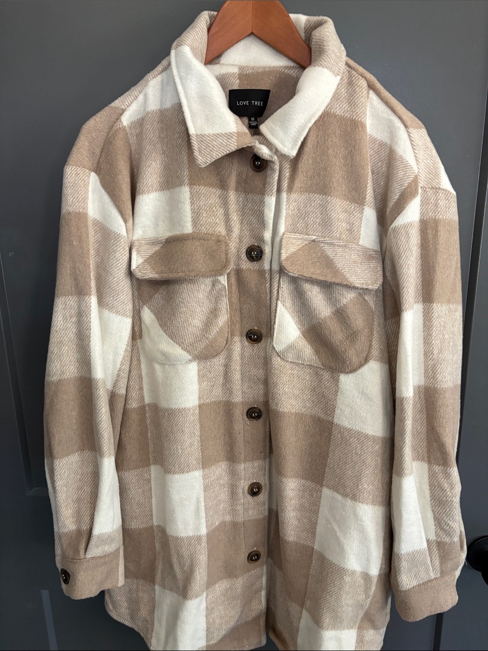 Love Tree Beige and White Plaid Utility Shacket